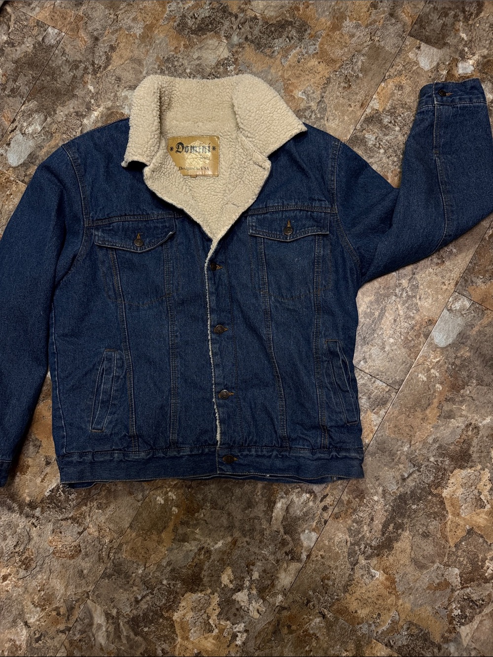 Pre owned Domini Men's Sherpa-Lined Denim Jacket in Blue with Cream Collar